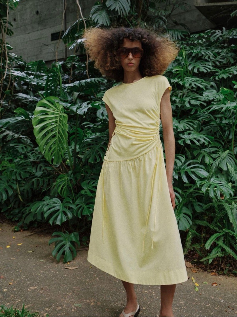 Zara Pale Yellow Ruched Midi Dress